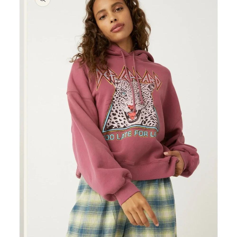 Daydreamer Def Leppard Too Late For Love Oversized Hoodie Sweatershirt Pink XS